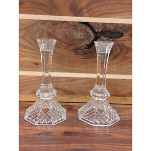 Vintage Cut Glass Crystal Candle Holders With Hexagonal Bases & Heart Detail